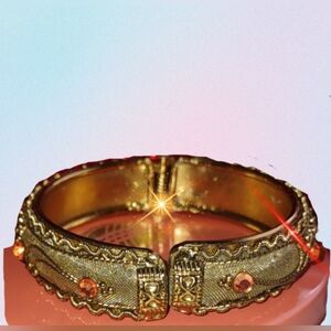 Old Fashioned Antique Gold & Orange Rhinestone Cuff Bangle